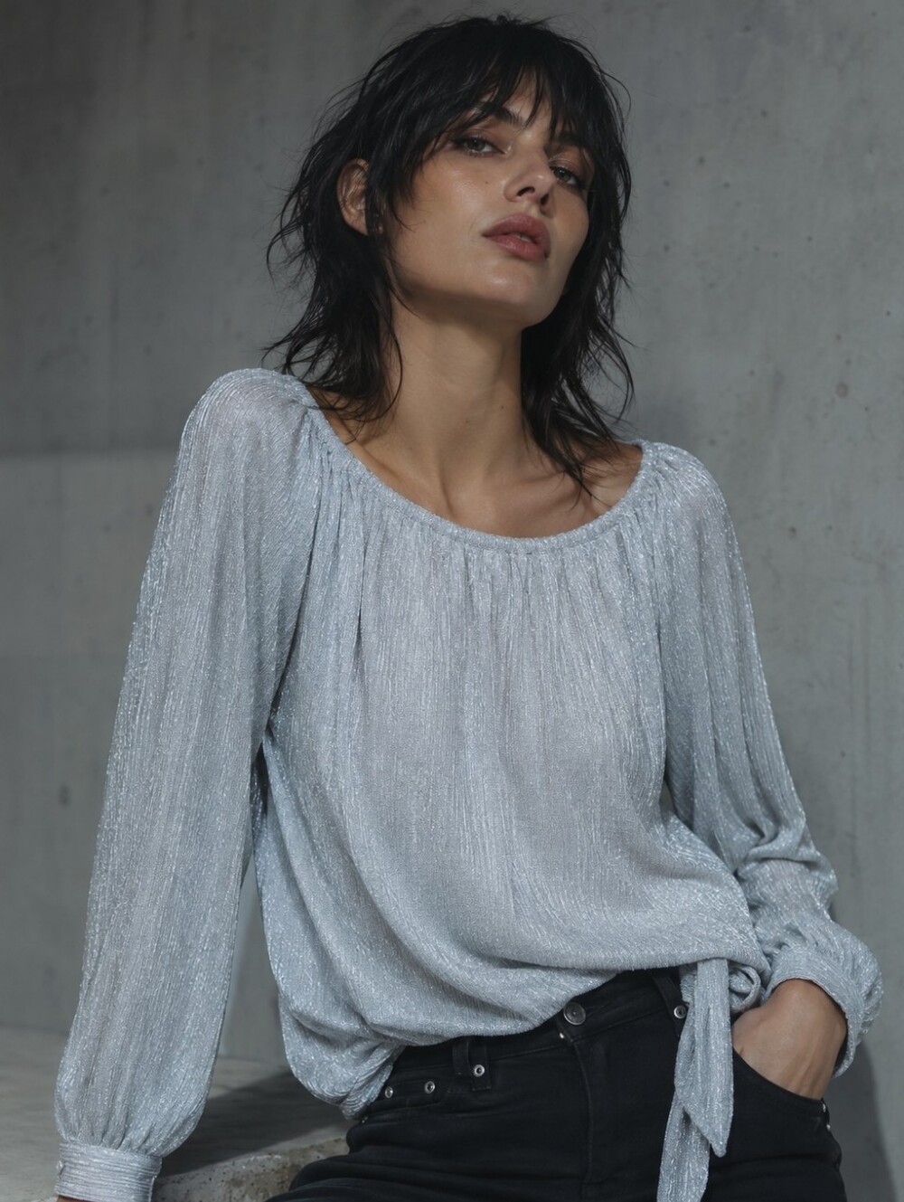 CeCe Silver Metallic Women's Blouse Top, Sheer Long Sleeves, Tie Waist Size M